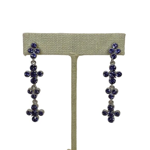 Joan Rivers Purple Rhinestones Drop Flower Dangle Pierced Earrings Silver Tone - Picture 1 of 6